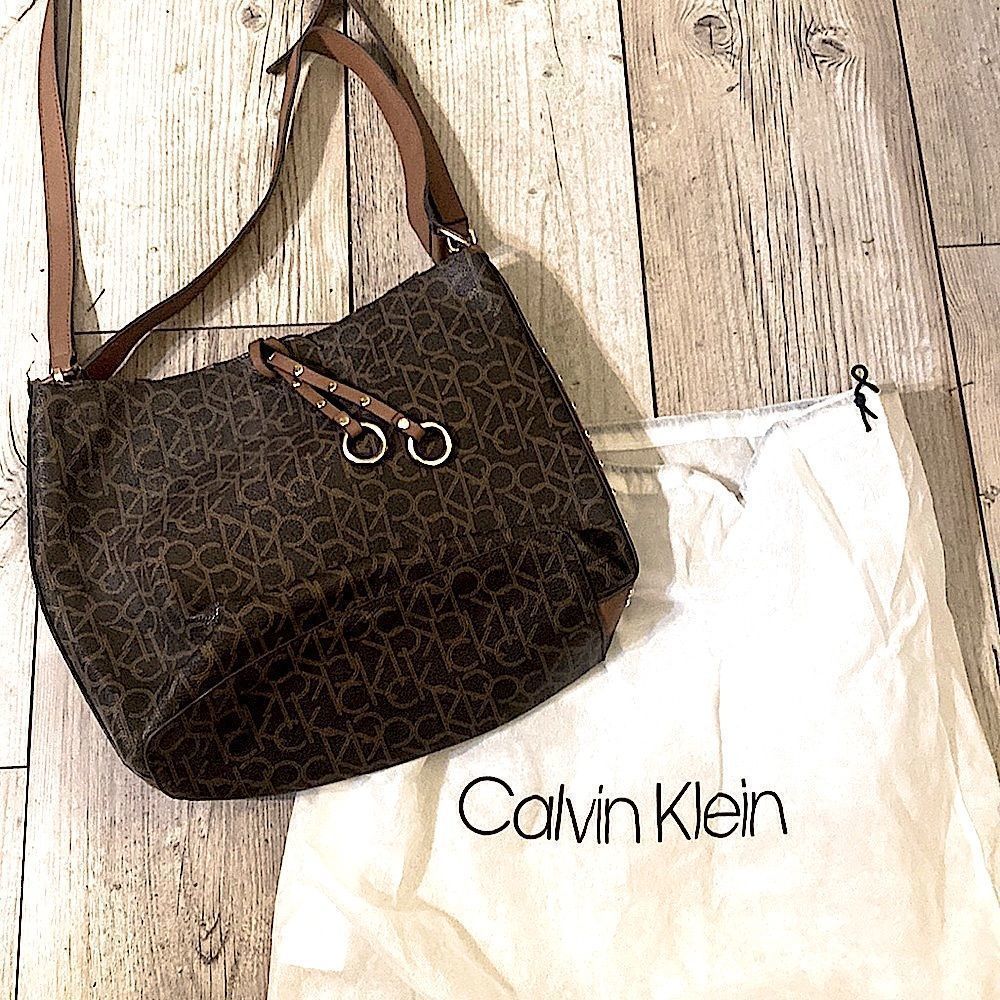 Calvin Klein Monogram w/ Accessory Pouch  Shoulder Bag in Brown  & Gold Hardware